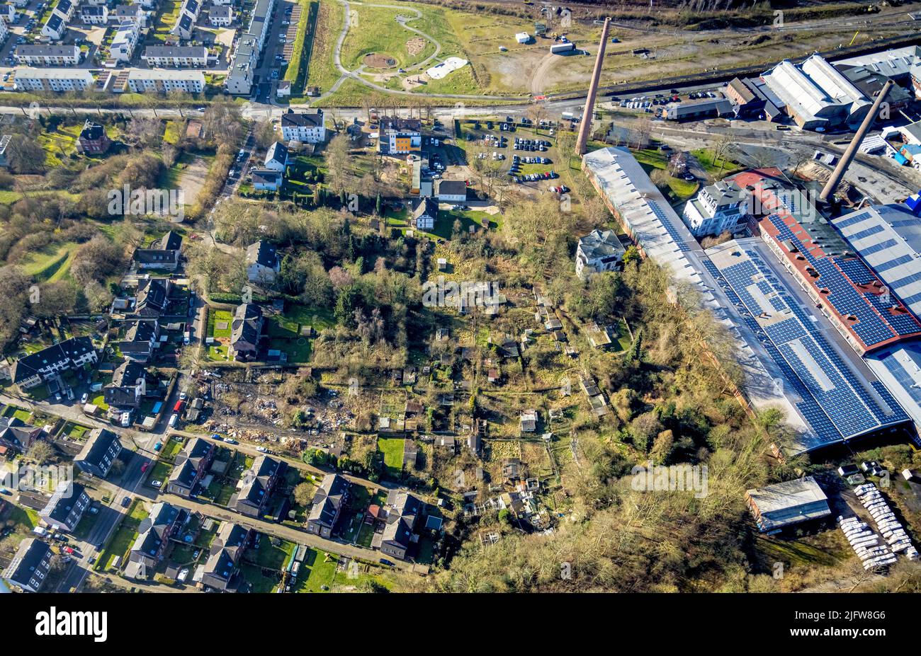 Luftaufnahme, geplante Wohnsiedlung am Ruhrort auf ehemaligem Schottengartengrundstück im Stadtteil Dahlhausen in Bochum, Ruhrgebiet, Nort Stockfoto