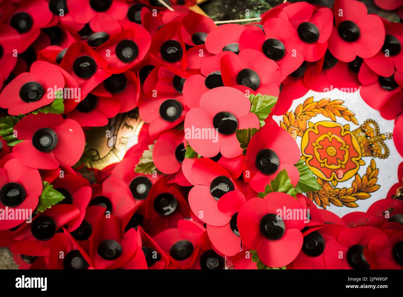 Rote Mohnkränze in Exchange Flags, Liverpool, Merseyside, Lancashire, England, Vereinigtes Königreich Stockfoto