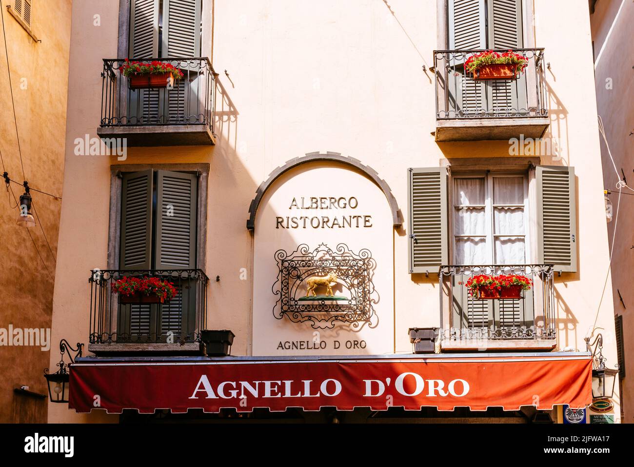 Ristorante Agnello D'Oro. Città Alta - Oberstadt. Bergamo, Lombardei, Italien, Europa Stockfoto