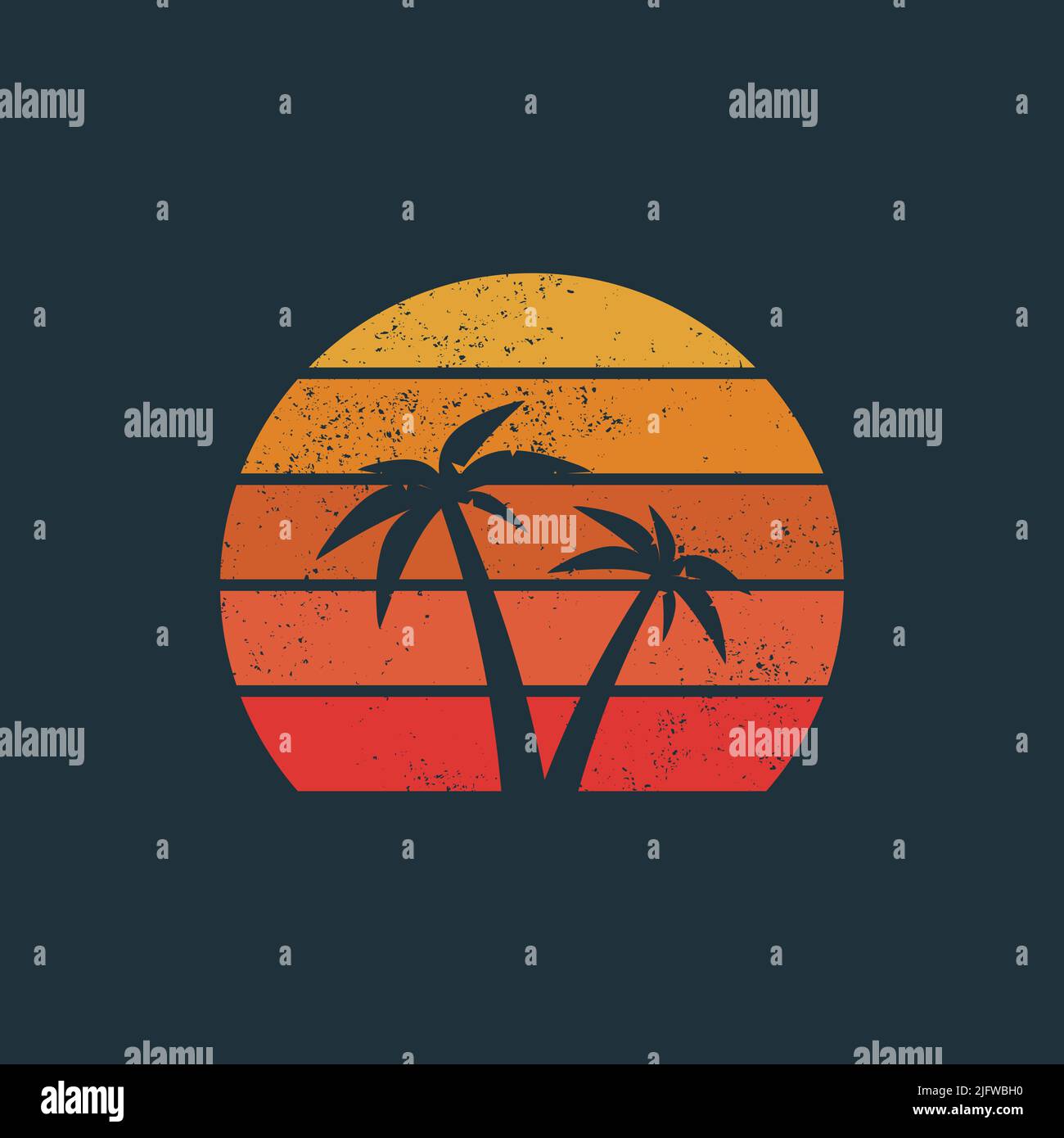 Retro-Sonnenuntergang-Symbol mit pal-Baum Stock Vektor