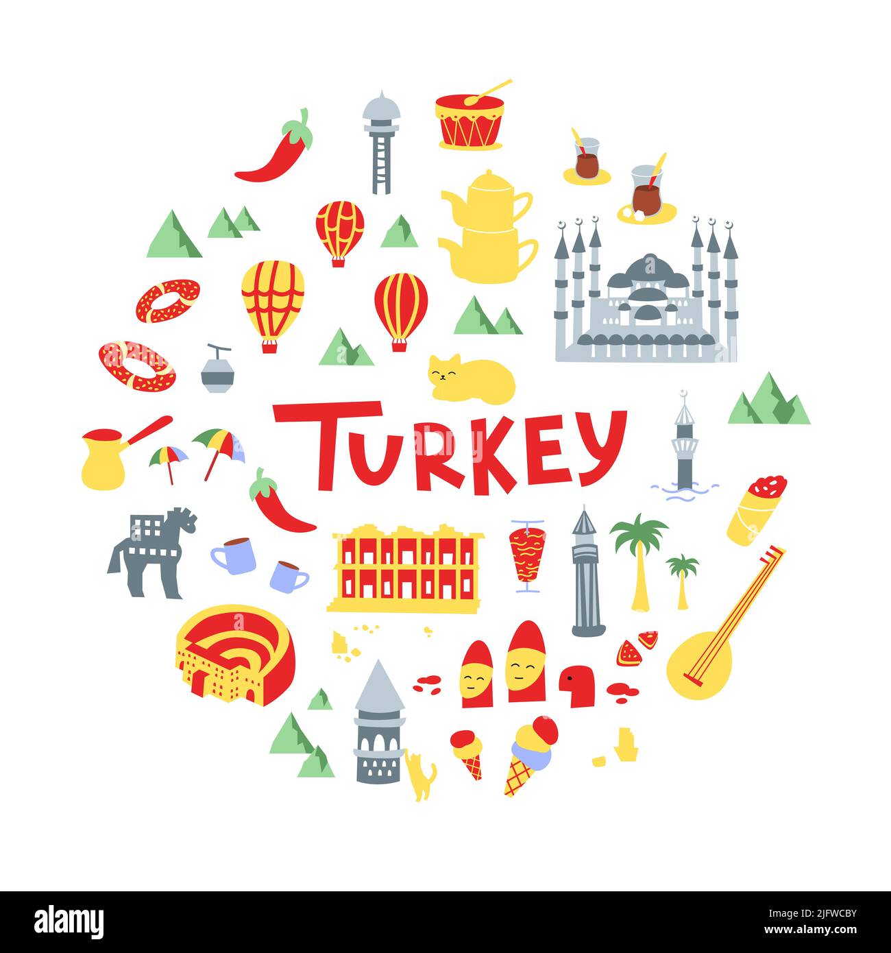 Türkei Tourist Icon flache handgezeichnete Vektor-Illustration. Reisen, Comic-Poster, Bannerkonzept. Stock Vektor