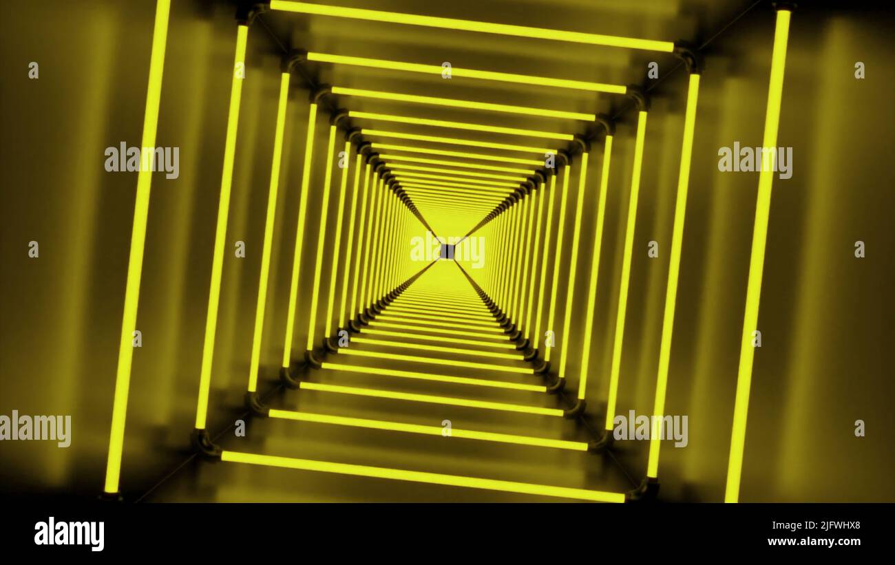 Rotierender 3D Tunnel mit Neonquadraten. Design. Geweihter quadratischer Tunnel rotiert mit hypnotischer Wirkung. Quadrat 3D Tunnel dreht sich langsam. Stockfoto
