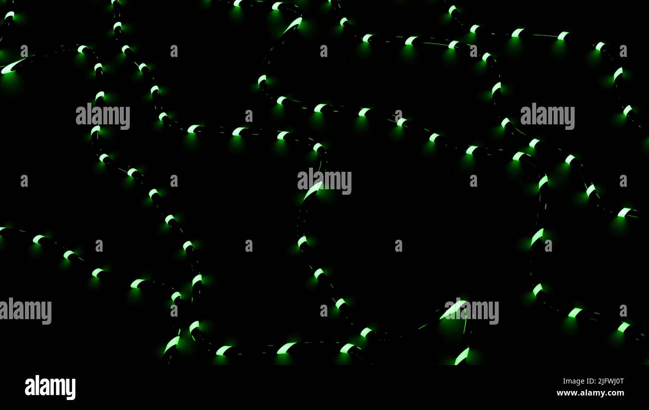 Futuristisches technologisches Muster mit Neonpunkten, die sich wie eine gekrümmte Flugbahn entlang einer Schlange bewegen. Design. Partikel, die sich im Dunkeln bewegen Stockfoto