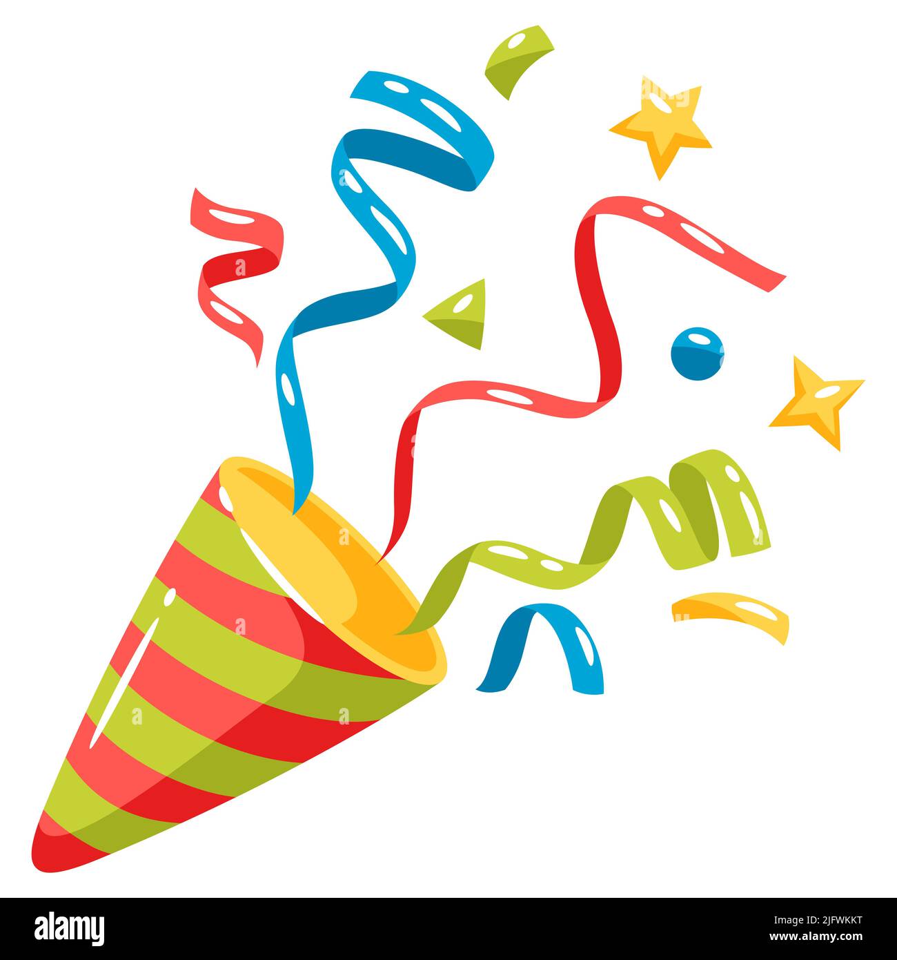 Illustration eines explodierenden Party Poppers mit Konfetti. Dekoration für Feier und Urlaub. Stock Vektor