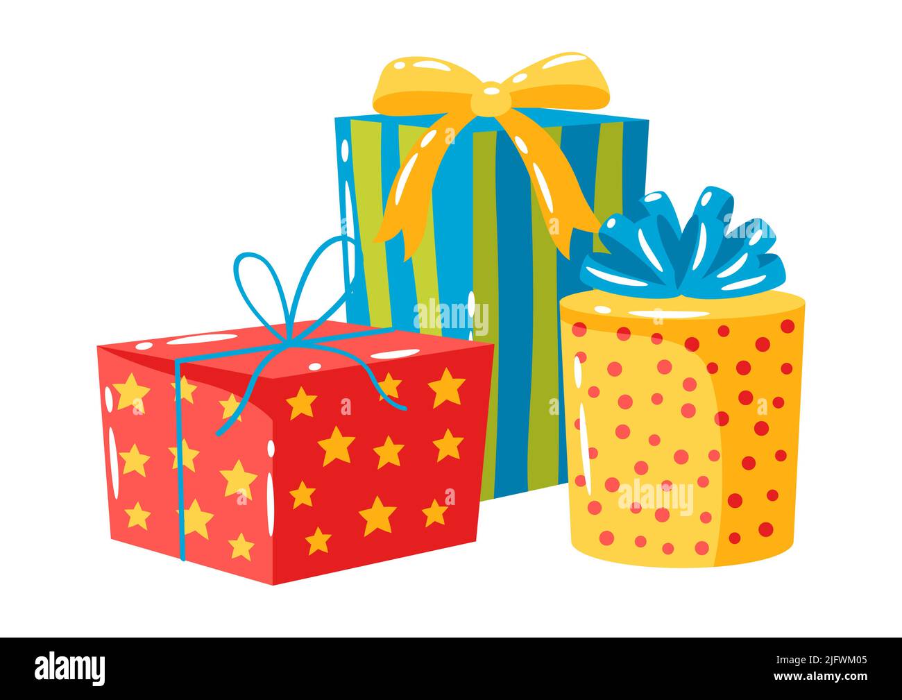 Abbildung von Geschenkschachteln. Farbenfrohes Geschenk für Feiern, Rabatte oder Werbeaktionen. Stock Vektor