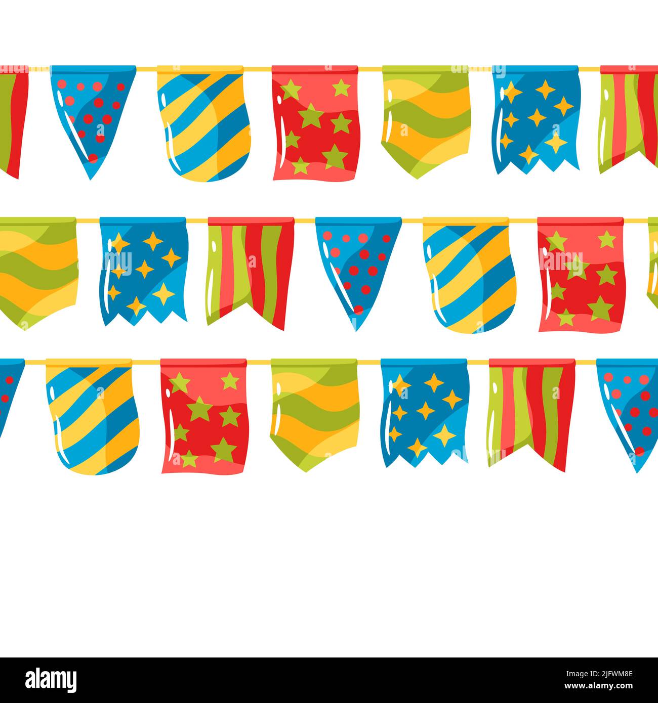 Nahtloses Muster mit farblich gemusterter Flaggen-Girlande. Dekoration für Feier und Urlaub. Stock Vektor
