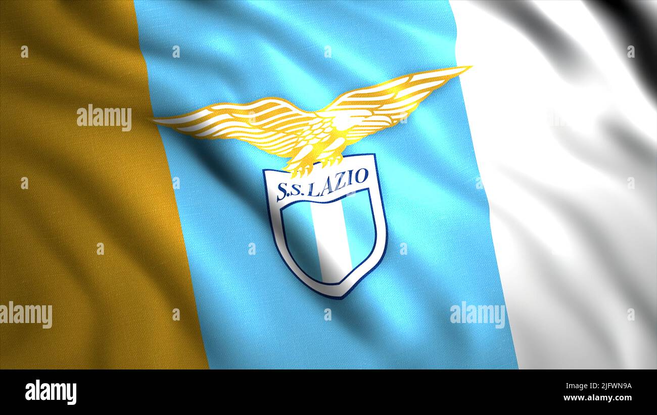 Die Flagge des Lazio Football.Motion.das blaue Emblem des italienischen Profifußballvereins aus Rom.nur für redaktionelle Zwecke verwenden. Hochwertige 4K-Aufnahmen Stockfoto