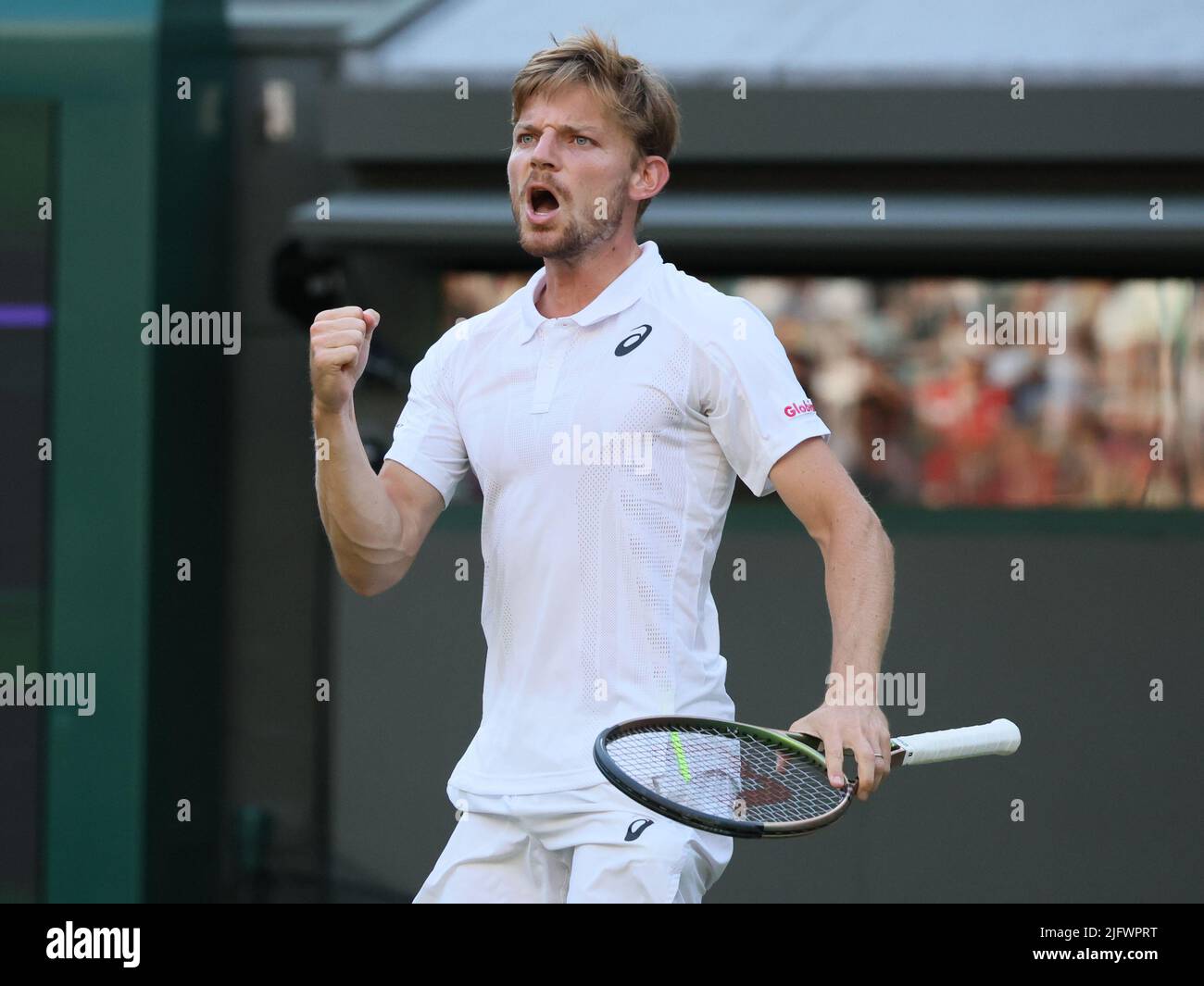 Wimbledon, Großbritannien, 05/07/2022, der Belgier David Goffin feiert am Dienstag, den 05. Juli 2022, während eines Tennisturniers gegen Großbritannien Norrie im Finale 1/8 des Männer-Einzelturniers beim Wimbledon Grand-Slam-Tennisturnier 2022 im All England Tennis Club im Südwesten Londons, Großbritannien. BELGA FOTO BENOIT DOPPAGNE Stockfoto