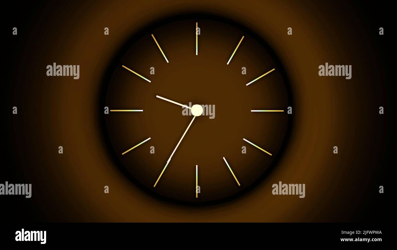 Oranger Hintergrund.Design.Dunkle Uhr in der Animation der Hände von denen schnell laufen gemacht. Hochwertige 4K-Aufnahmen Stockfoto