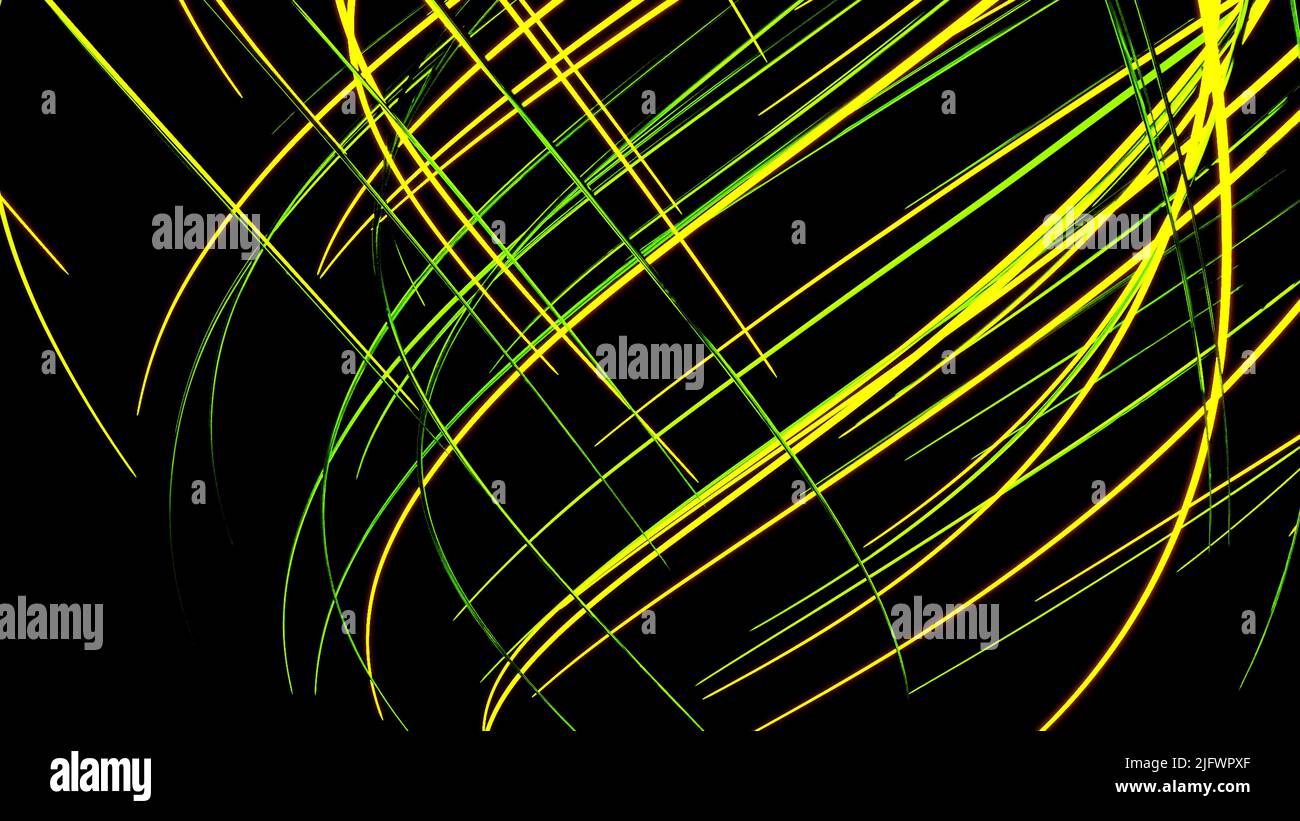 Abstrakte kreative Linienwellen, welliges dynamisches Muster. Design. Kurvige Energie schmale Streifen, die sich isoliert auf einem schwarzen Hintergrund nach unten bewegen, wunderschöne Spirale Stockfoto