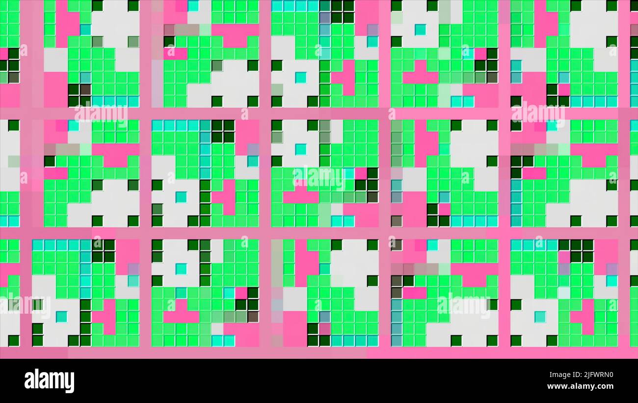 Kleine funkelnde Quadrate.Bewegung. Kleine Quadrate in Abstraktion, die mit verschiedenen Farben funkeln. Hochwertige 4K-Aufnahmen Stockfoto