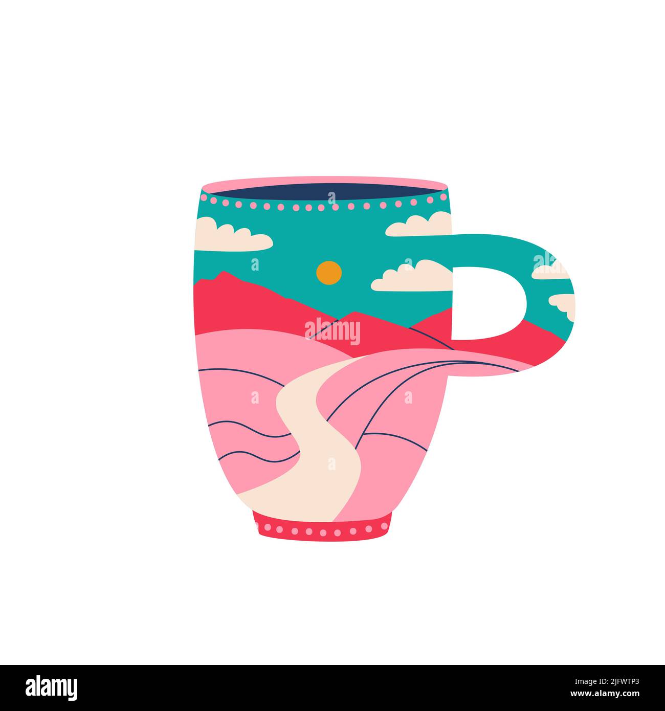 Tasse Kaffee oder Tee mit Landschaft im Inneren. Ein Glas Kaffee zum Annehmen. Berge, Hügel, Himmel und Wolken. Vektor trendigen Stil, isoliert auf weißem Hintergrund Stock Vektor