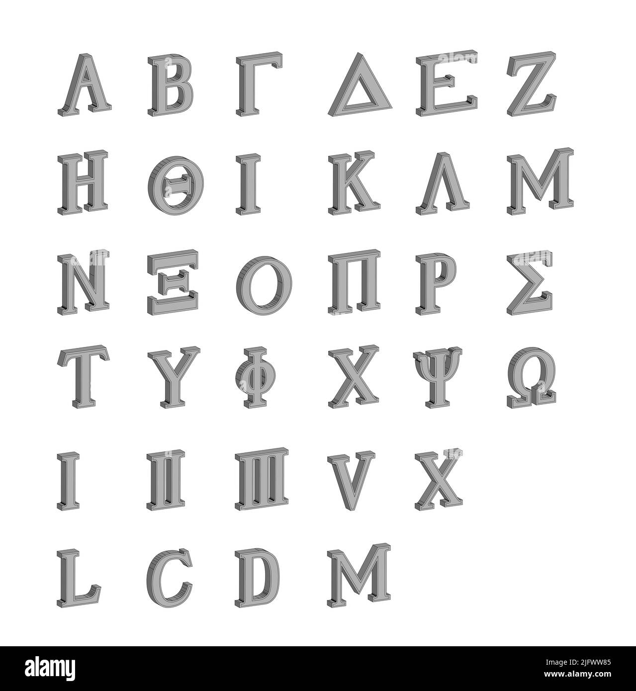 Die Buchstaben des griechischen Alphabets mit Zahlen aus dem Jahr 3D Stockfoto