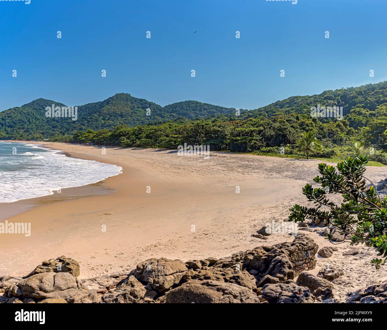 Strand umgeben von unberührtem Wald und Bergen in Bertioga an der Südküste des brasilianischen Bundesstaates Sao Paulo Stockfoto