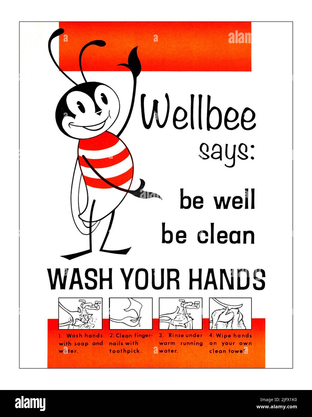 Dieses Poster aus dem Jahr 1964 zeigte das Symbol der öffentlichen Gesundheit der US-amerikanischen Gesundheitsfürsorge, die Wellbee, die die Öffentlichkeit daran erinnerte, „gut zu sein, sauber zu sein, DIE HÄNDE ZU WASCHEN“. CDC nutzte Wellbee in einer umfassenden Marketingkampagne. Wellbees erster Auftrag war es, Kampagnen für oralen Polio-Impfstoff (OPV) des Typs Sabin II in den USA zu sponsern. Später wurde Wellbees Charakter in andere Gesundheitsförderungskampagnen integriert, die Diphtherie- und Tetanus-Impfungen, Händewaschen, körperliche Fitness und Verletzungsprävention beinhalteten. Eine optimierte und verbesserte Version eines Posters, das von der US CDC/Credit CDC/M.Hilpertshauser produziert wurde Stockfoto