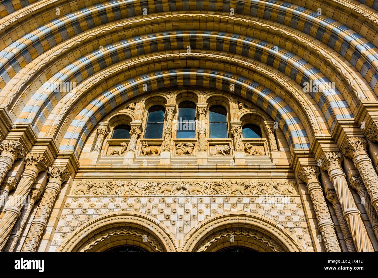 Eingang, romanisches Portal. Die Hauptfassade des Naturhistorischen Museums. Das Natural History Museum in London ist ein Naturkundemuseum, das ausgestellt wird Stockfoto