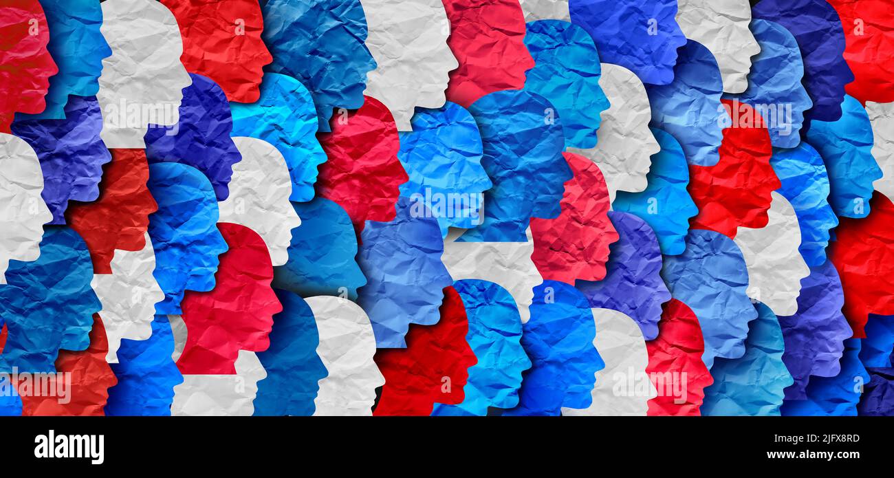 National Citizen Konzept und vereinigte Gemeinschaft als amerikanische Französisch britischen und russischen und Australien Flaggen Farben mit rot weiß und blau repräsentieren. Stockfoto