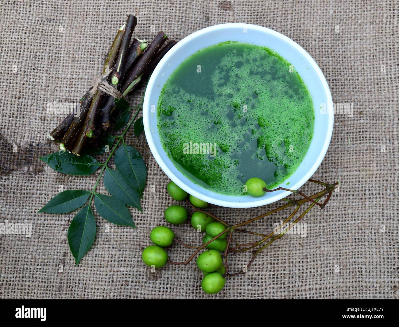 Neem-Blätter, Früchte und Zweige auf Jutestoff-Hintergrund. Neem Heilkräutersaft in einer Schüssel. Neem Flüssigkeit ayurveda Medizin. Ayurvedischer Rohstoff. Stockfoto