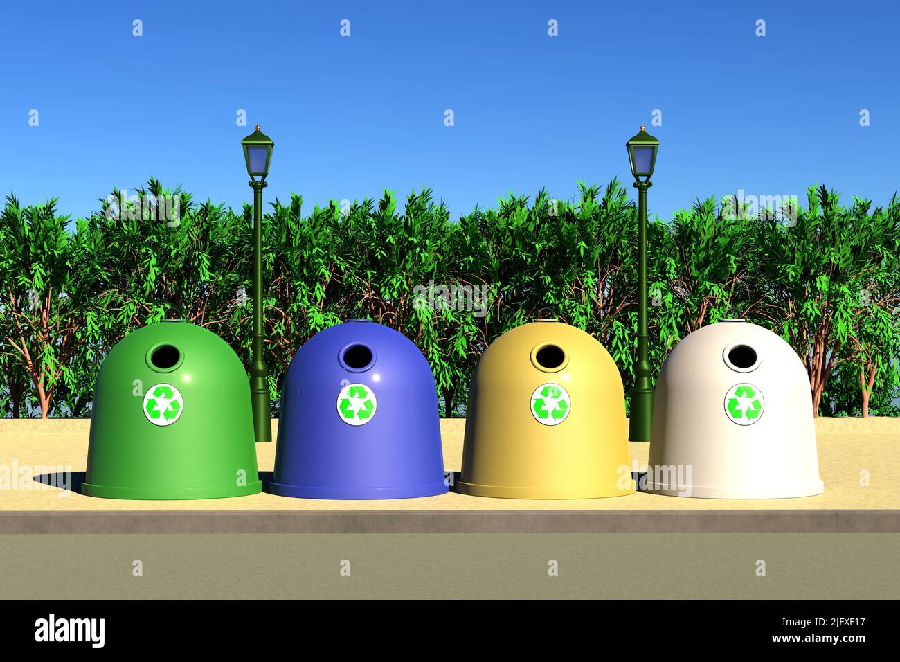 Behälter mit Recycling-Schild. 3D Abbildung Stockfoto