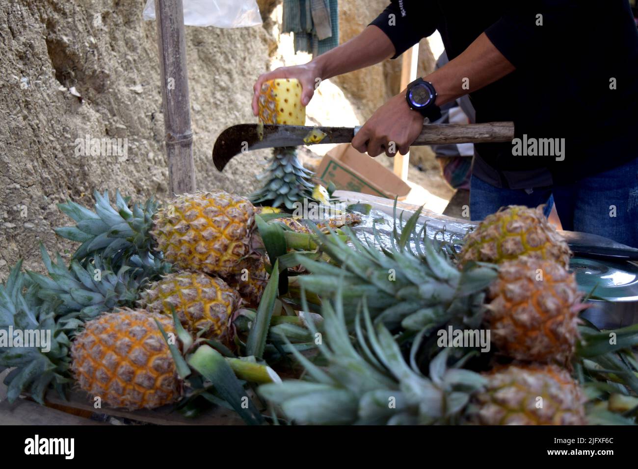 Die Ananas mit einem scharfen Messer schneiden. Gesunde Früchte für die menschliche Gesundheit. Tropische Früchte im Hügeltrakt. HIL-Tract Ananasernte Stockfoto