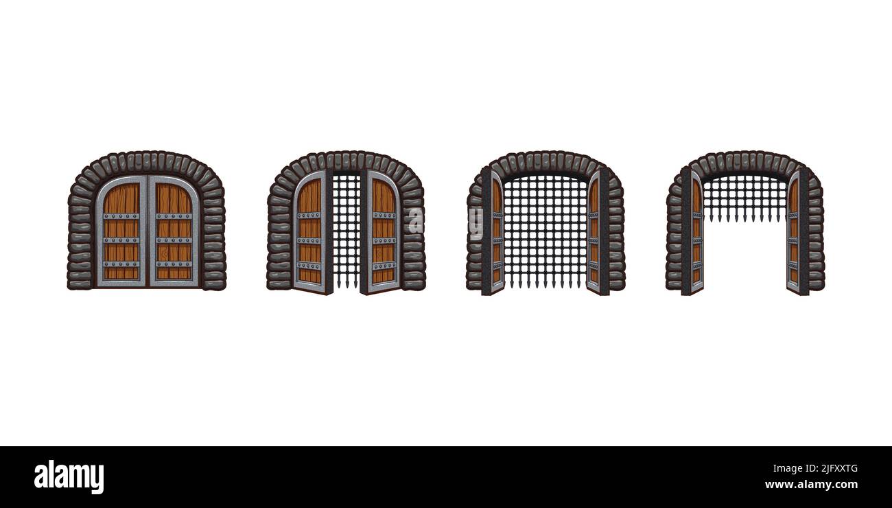 Cartoon mittelalterliche Burg Tore öffnen Animation für Spiel. Palasttür Sprite Blatt Bewegung. Festungseingang, offener und geschlossener Holzbogen mit Metallgitter, alte Tür oder Tor Vektor-Illustration Stock Vektor