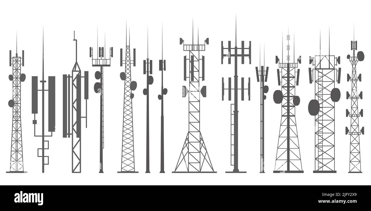 Mobile Tower-Set. Internet-Netzwerk. Funkantennen und zelluläre Kommunikationskonstruktionen. Vektor Silhouette Umriss Illustration. Stock Vektor