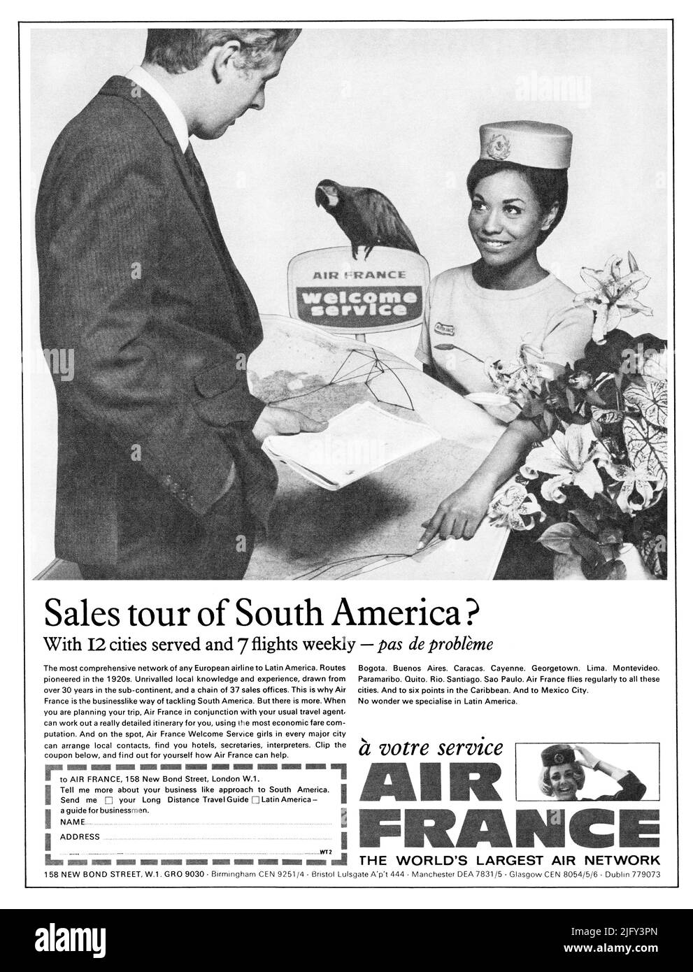 1967 britische Werbung für Air France-Dienste nach Südamerika. Stockfoto