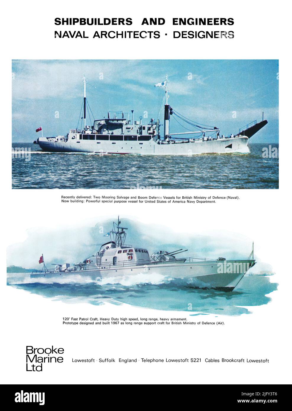 1967 Britische Werbung für Brooke Marine Ltd, Lowestoft, Schiffsbauer und Marinearchitekten. Stockfoto