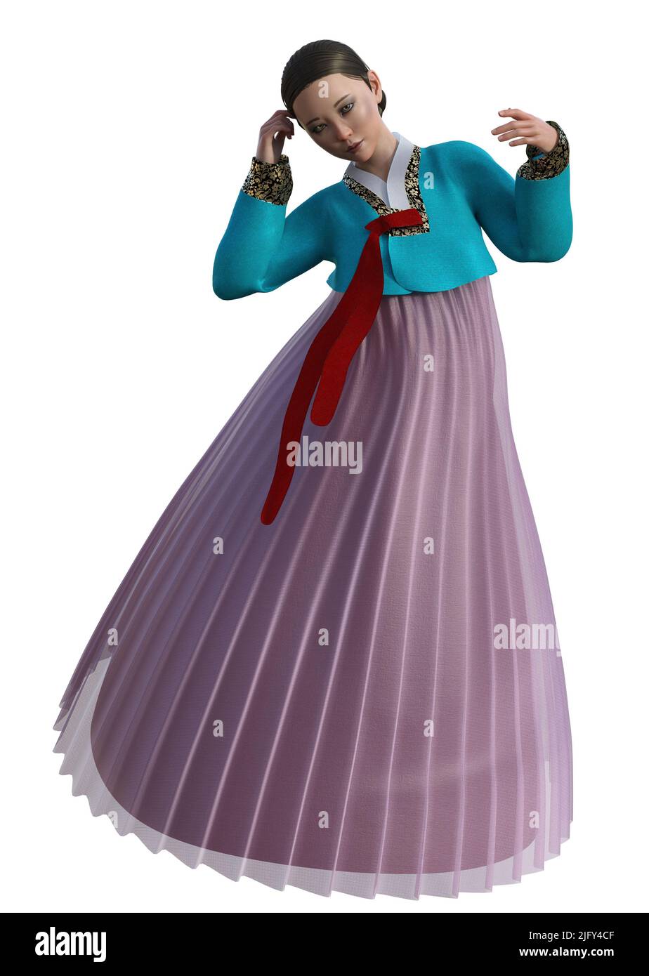 Koreanische Frau trägt traditionelle Kleidung hanbok, 3D Illustration. Stockfoto