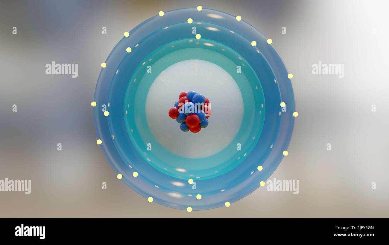 Atommatomie, Atommodell oder -Struktur, Elektronen umkreisen die Kernteilchen, Einzelatom und seine Elektronenwolke. Quantenmechanik und Atom, N Stockfoto