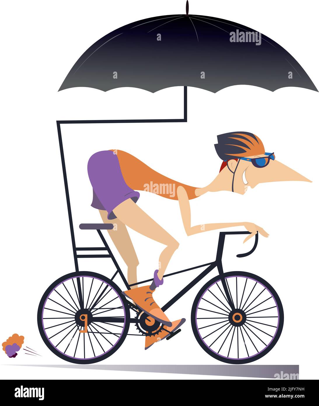 Cartoon Mann fährt ein Fahrrad unter einem Regenschirm Illustration.  Lächelnder Mann im Helm fährt ein Fahrrad und schützt sich mit Schirm  isoliert auf weiß Stock-Vektorgrafik - Alamy