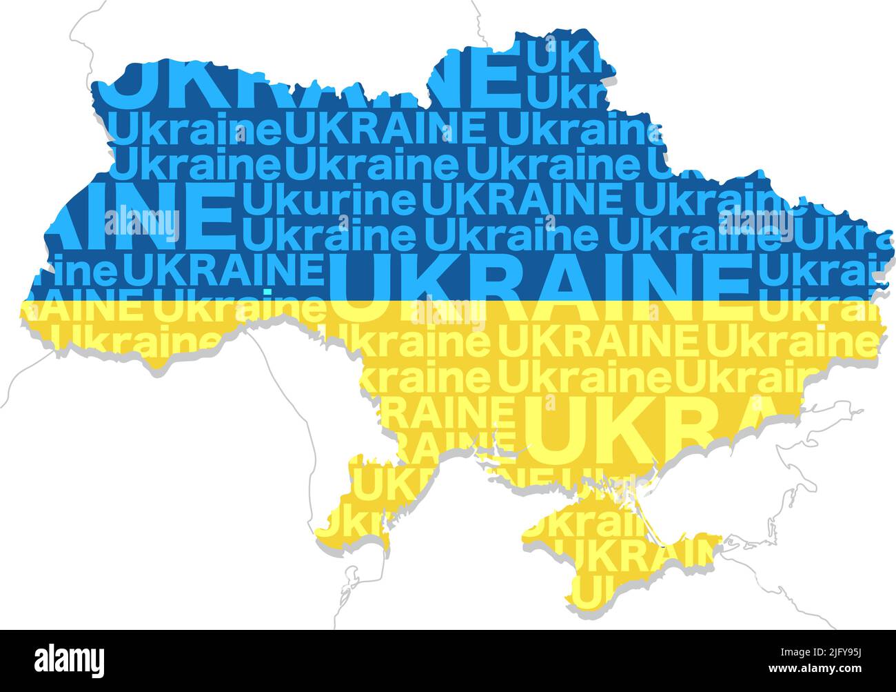 Karte der Ukraine, die sich aus der Form des Landes, dem Namen des Landes und den Farben der Nationalflagge zusammensetzt. Vektorgrafik. Stock Vektor