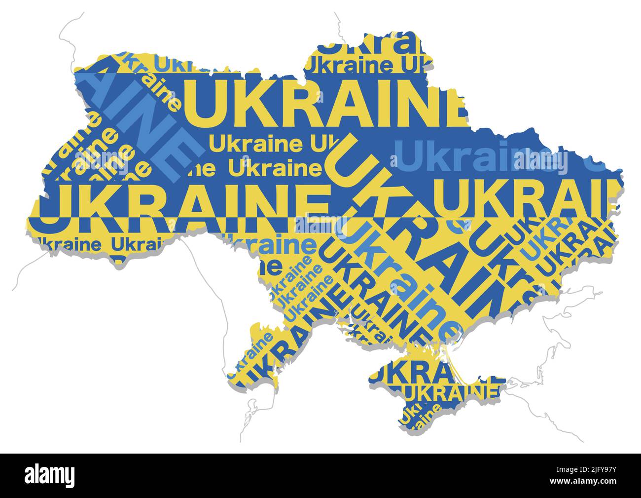 Karte der Ukraine, die sich aus der Form des Landes, dem Namen des Landes und den Farben der Nationalflagge zusammensetzt. Vektorgrafik. Stock Vektor