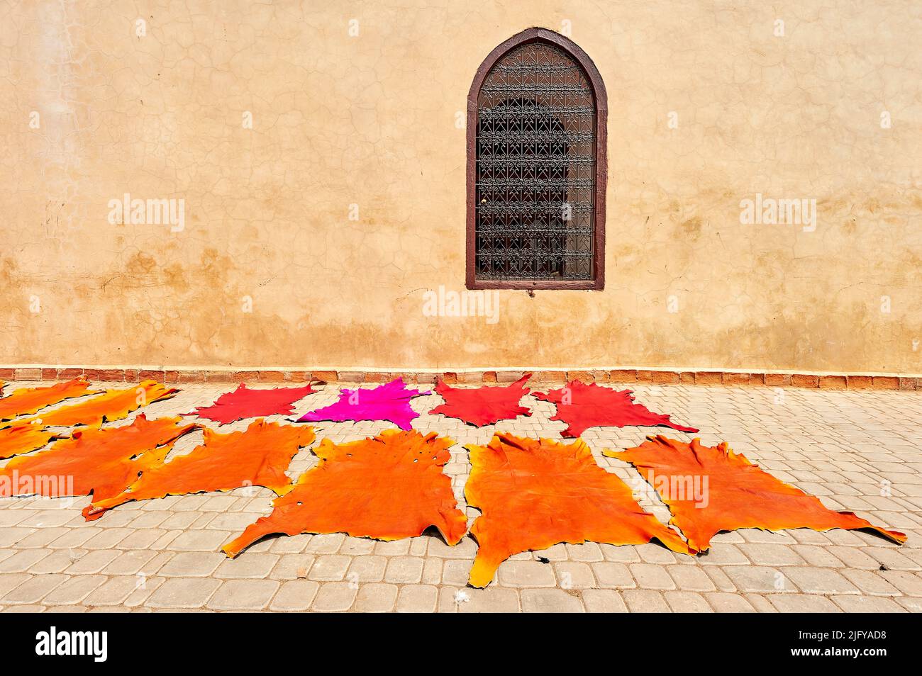 Marokko Marrakesch. Gefärbtes Leder trocknet in der Sonne Stockfoto