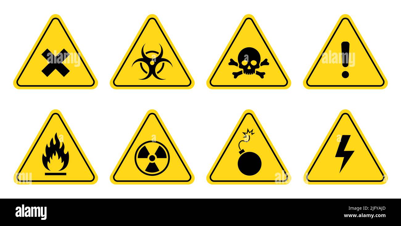Symbol für Gefahr, Warnzeichen gesetzt. Warnschild „Gift“, „giftig“, „Biohazard“. Schädel, chemische Gefahr gelbes Dreieck Symbol-Element. Vektorgrafik Stock Vektor