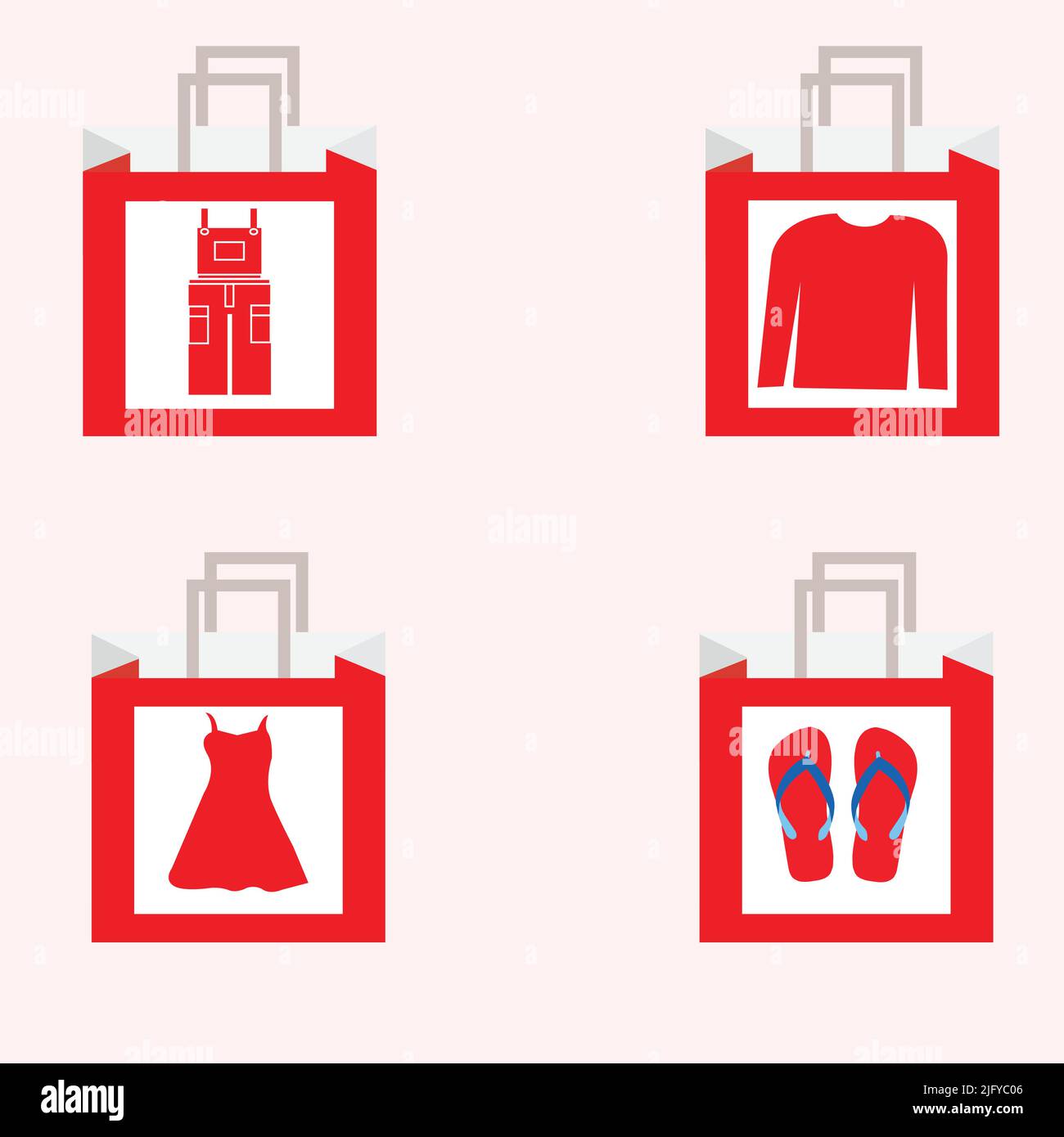 Einkaufstaschen aus Papier mit Flip-Flops, Bluse, Kleid, Overall Stock Vektor