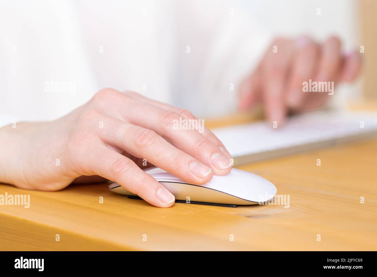 Nahaufnahme von jungen weiblichen Händen, die Tasten der Tastatur drücken und eine Maus verwenden. Arbeit von zu Hause. Büro. Einkaufen Stockfoto