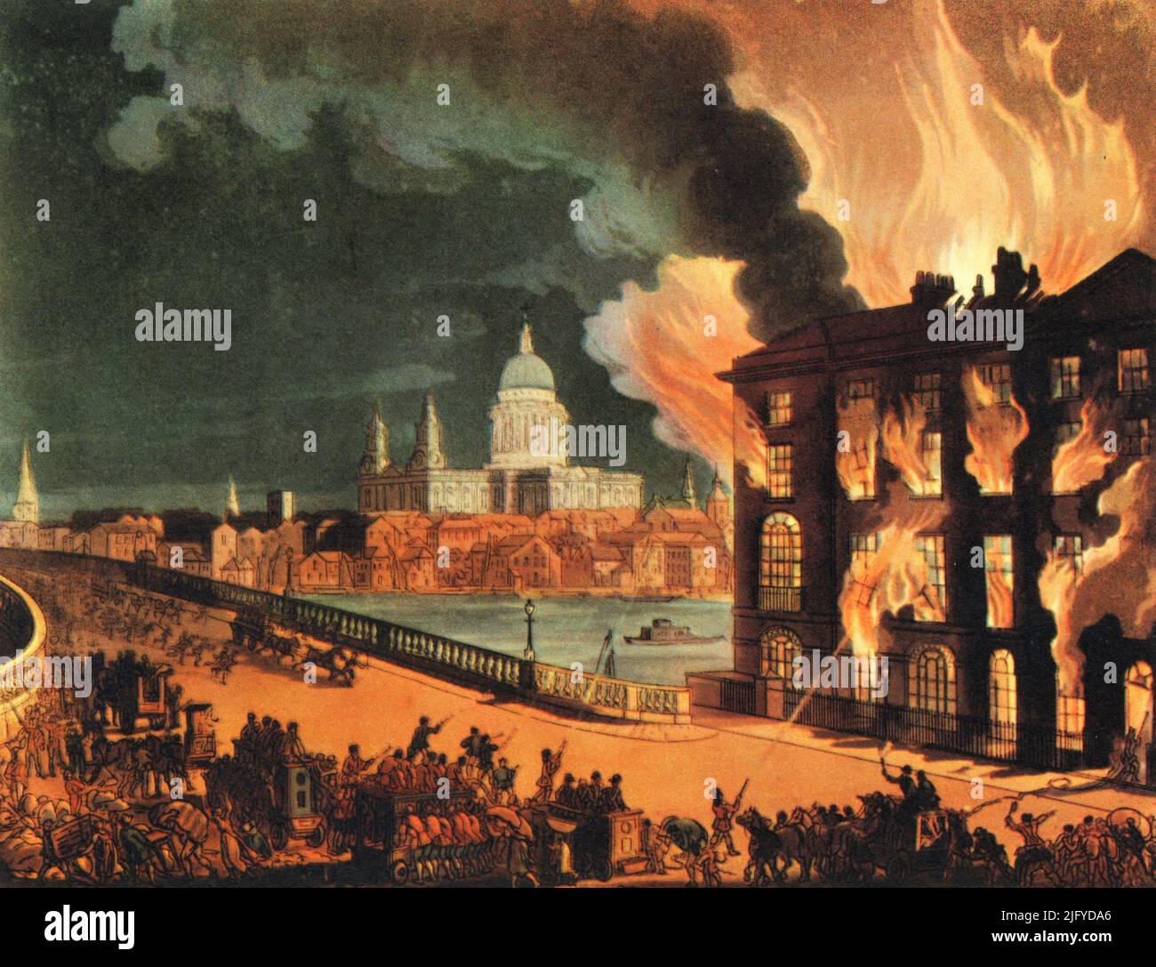 Feuer in London, c1808-1810. Ein Druck aus dem 'Mikrokosmos von London', von William Henry Pyne (1770-1843). Illustriert von Thomas Rowlandson (1756-1827) und Auguste Charles Pugin (1762-1832). Albion Mills war eine dampfbetriebene Getreidemühle an der südöstlichen Seite der Blackfriars Bridge in Southwark, London. Matthew Boulton (1728-1809) begann bereits 1783 mit den Plänen für die Mühle; sie wurde 1786 fertiggestellt und am 2.. März 1791 um 06:30 Uhr durch Feuer entkuttet. Stockfoto