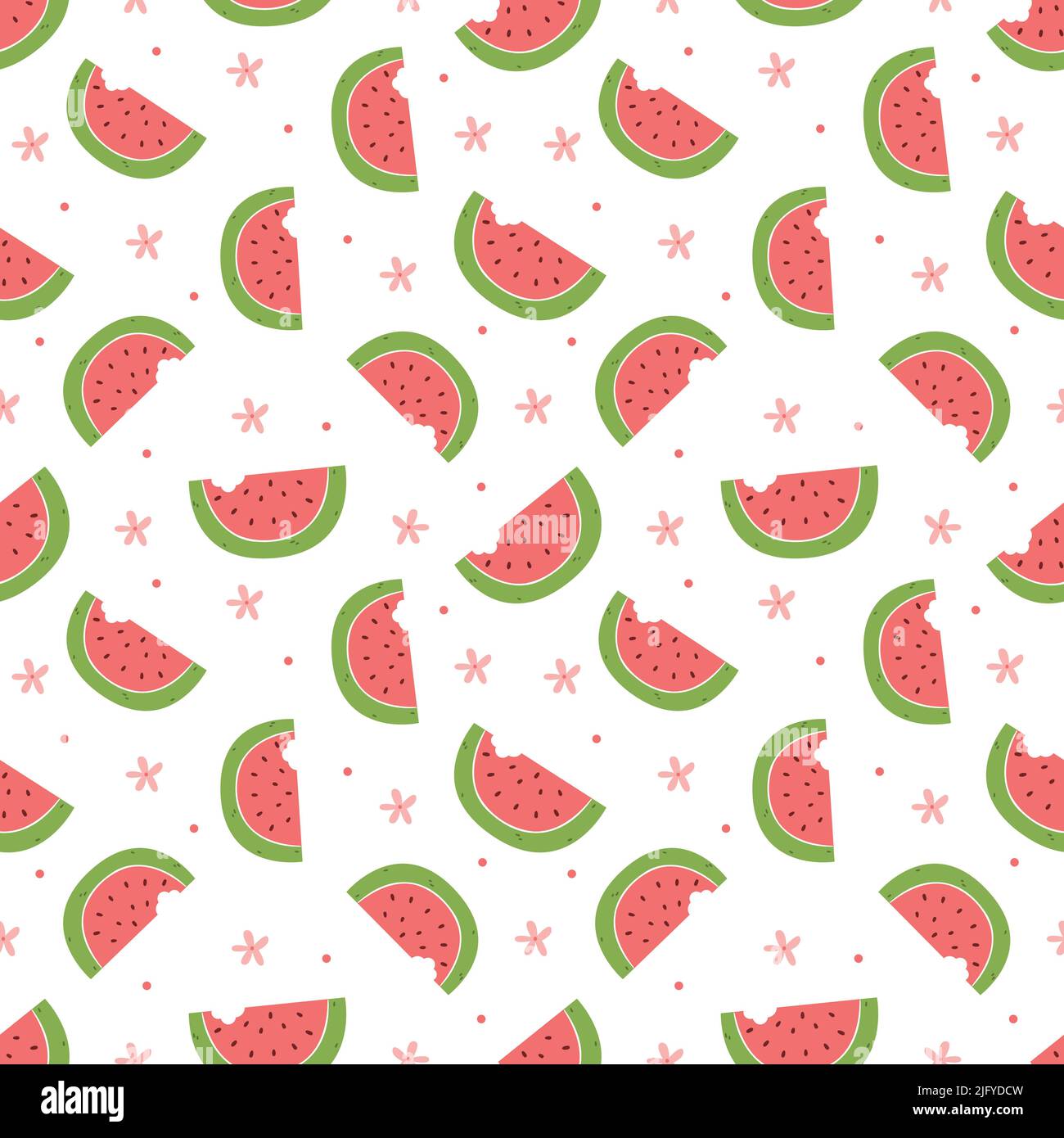 Nahtloses Muster mit roten Scheiben frischer Wassermelone auf weißem Hintergrund. Illustration für Buch, Geschenkpapier, Textildruck, Tapete Stock Vektor