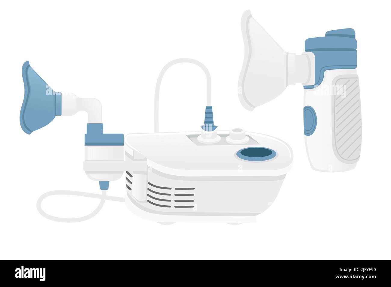 Medizinisches Vernebelungsgerät mit Maske für Sauerstofftherapie Vektorgrafik Beatmungsgerät auf weißem Hintergrund Stock Vektor