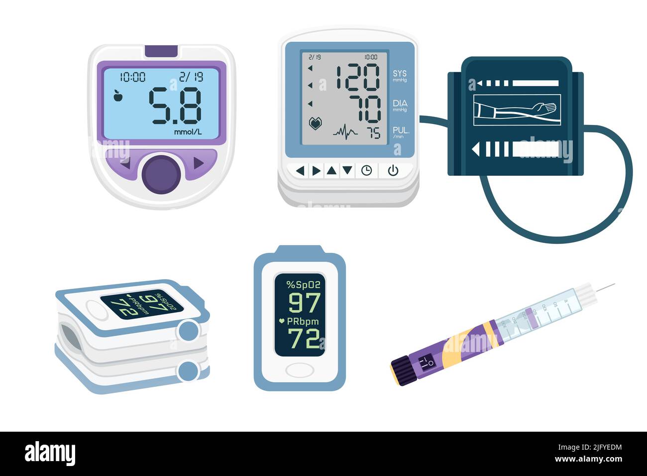 Satz von medizinischen modernen Geräten für Diagnose und Behandlung Vektor-Illustration auf weißem Hintergrund Stock Vektor