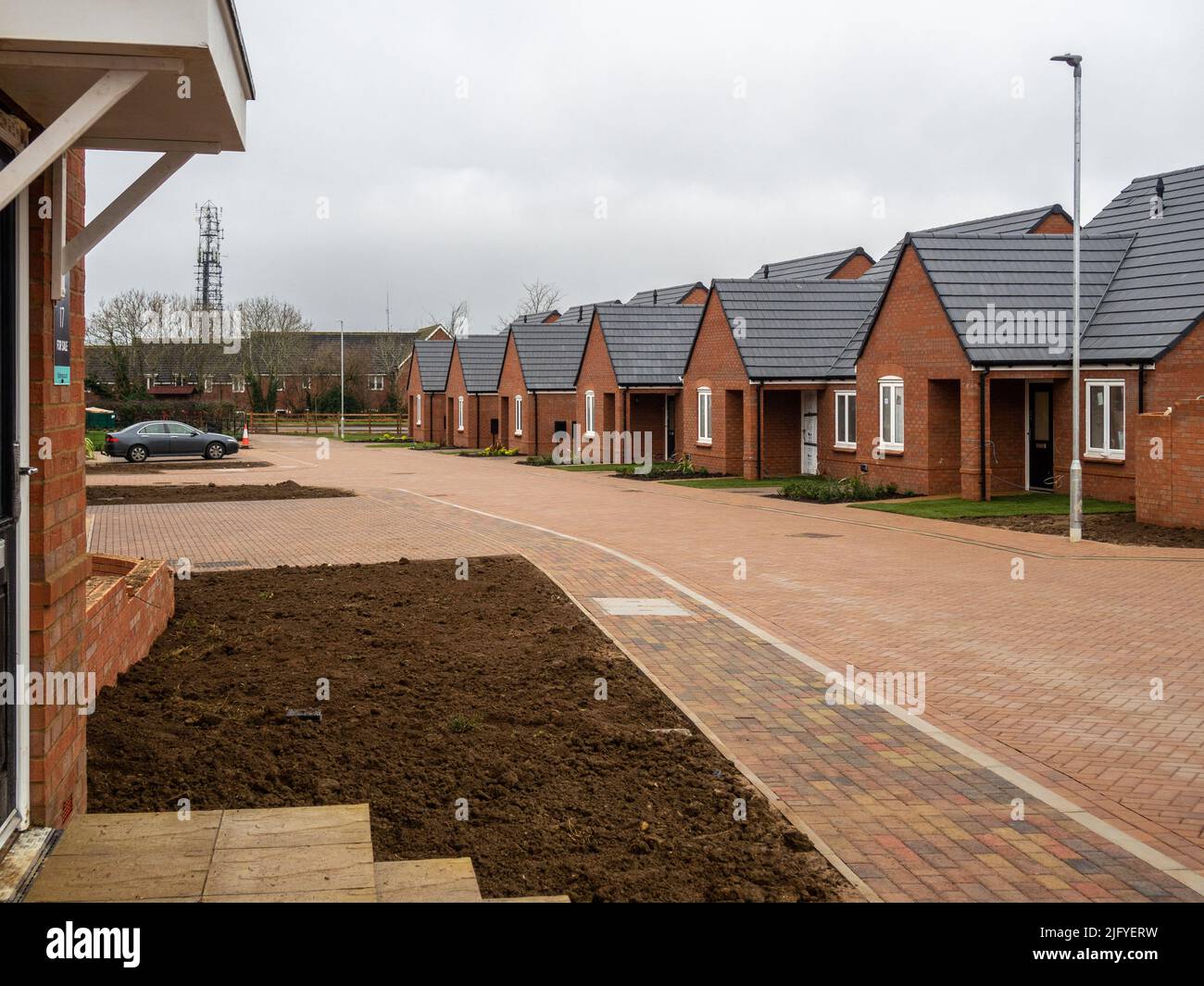 Reihe neu erbauter freistehender Bungalows auf einem Wohnbauwerk in Wootton, Northampton, Großbritannien Stockfoto