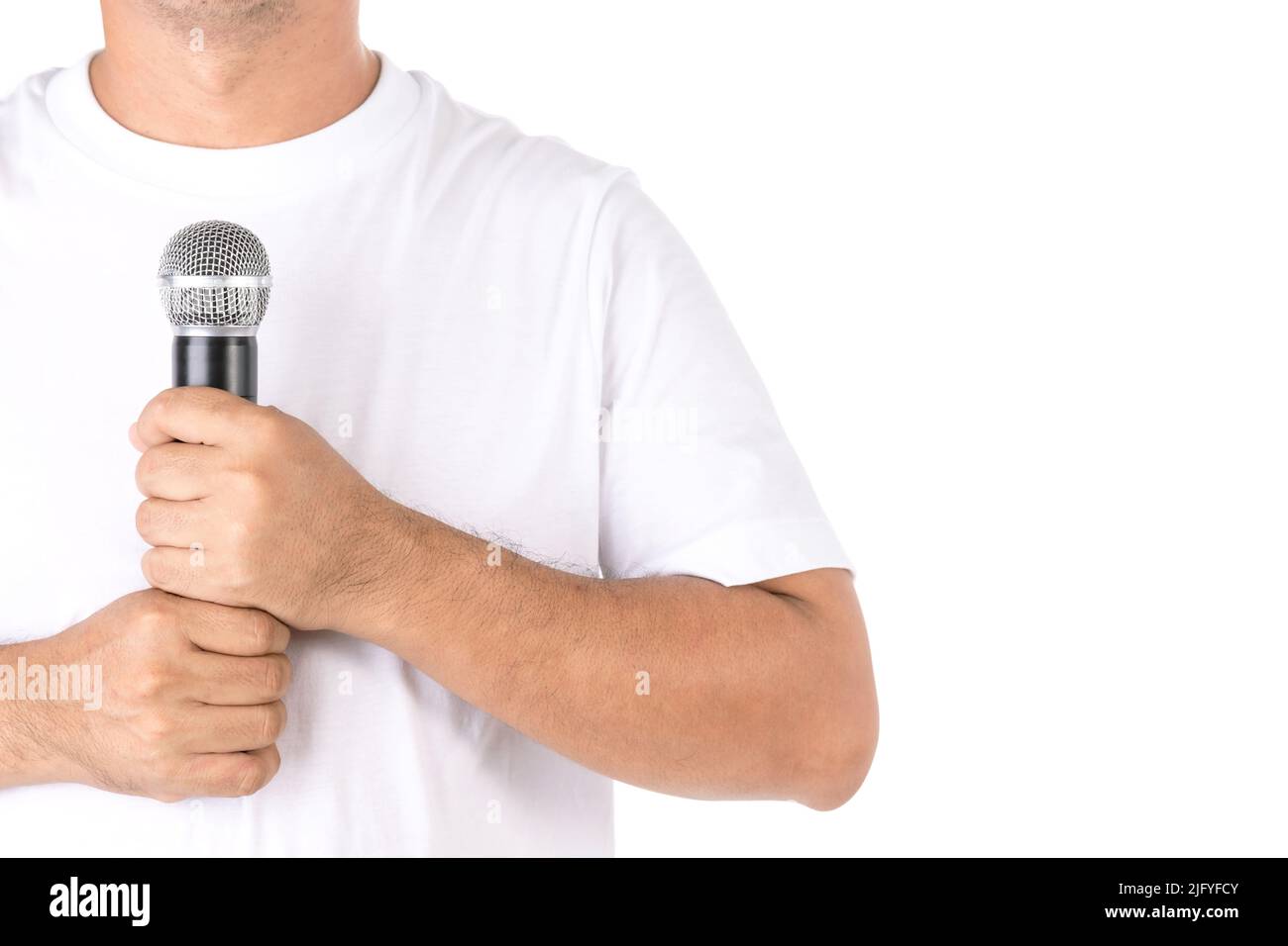 Menschen mit schwarzem Funkmikrofon im Studio. Isoliert auf weißem Hintergrund Stockfoto