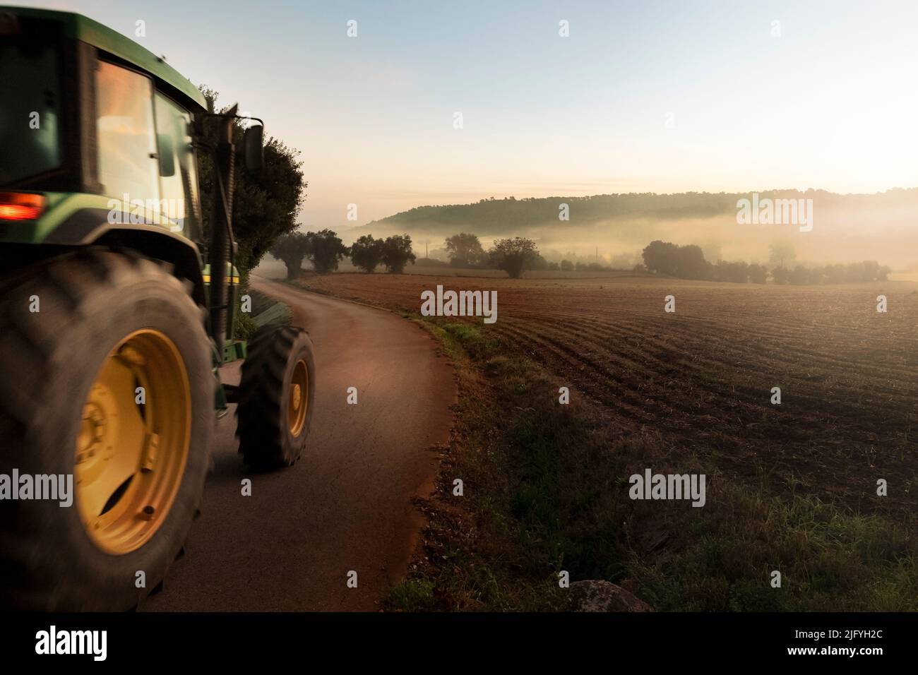 Feldtraktor, der im Morgengrauen durch die Landstraße fährt Stockfoto