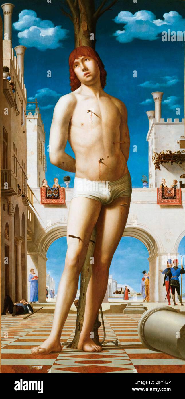 Heiliger Sebastian, Ölgemälde auf Tafel von Antonello da Messina, um 1478 Stockfoto