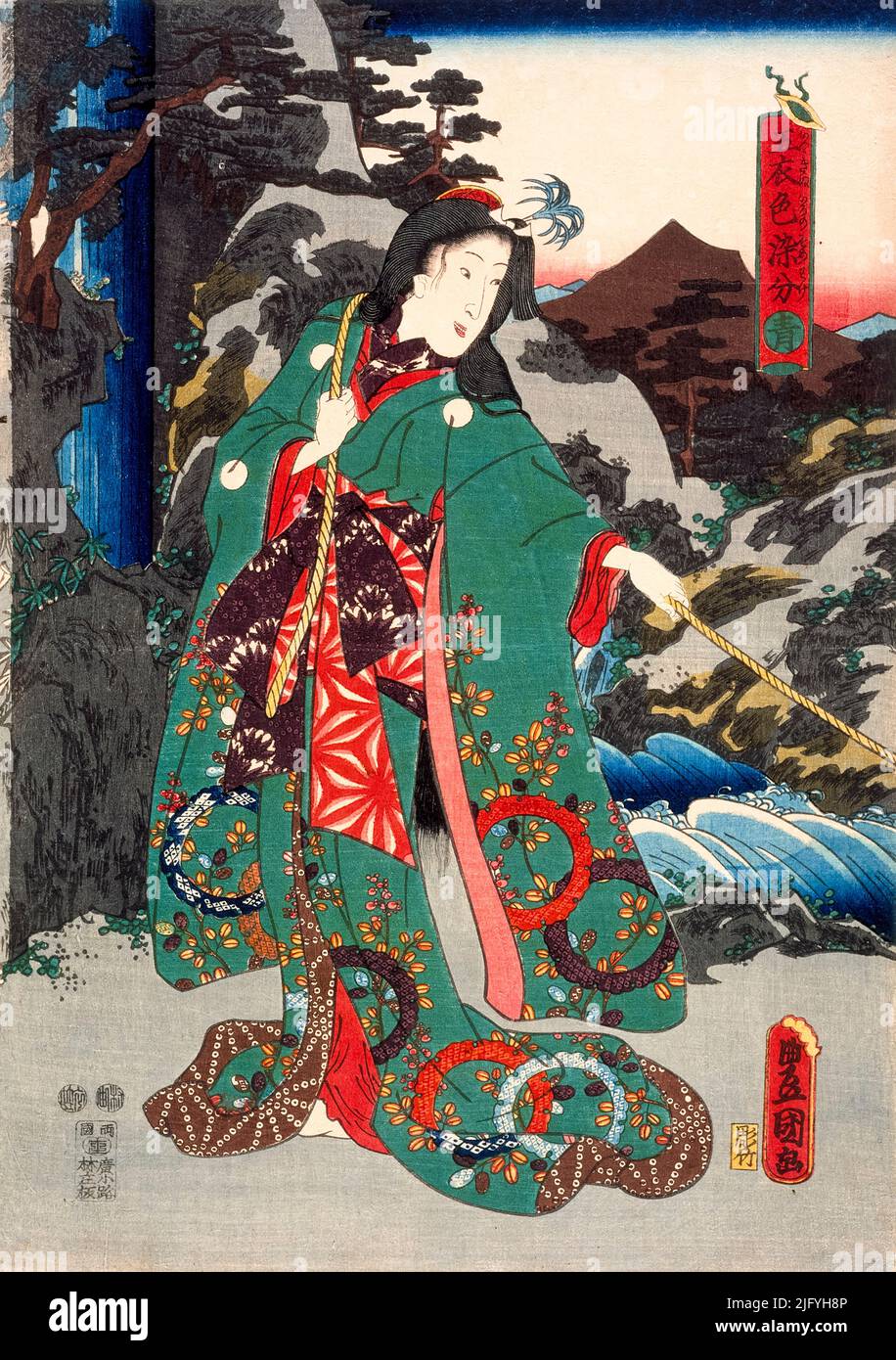 Utagawa Kunisada, Grün, japanischer Holzschnitt-Druck in Polychromie, 1847-1852 Stockfoto