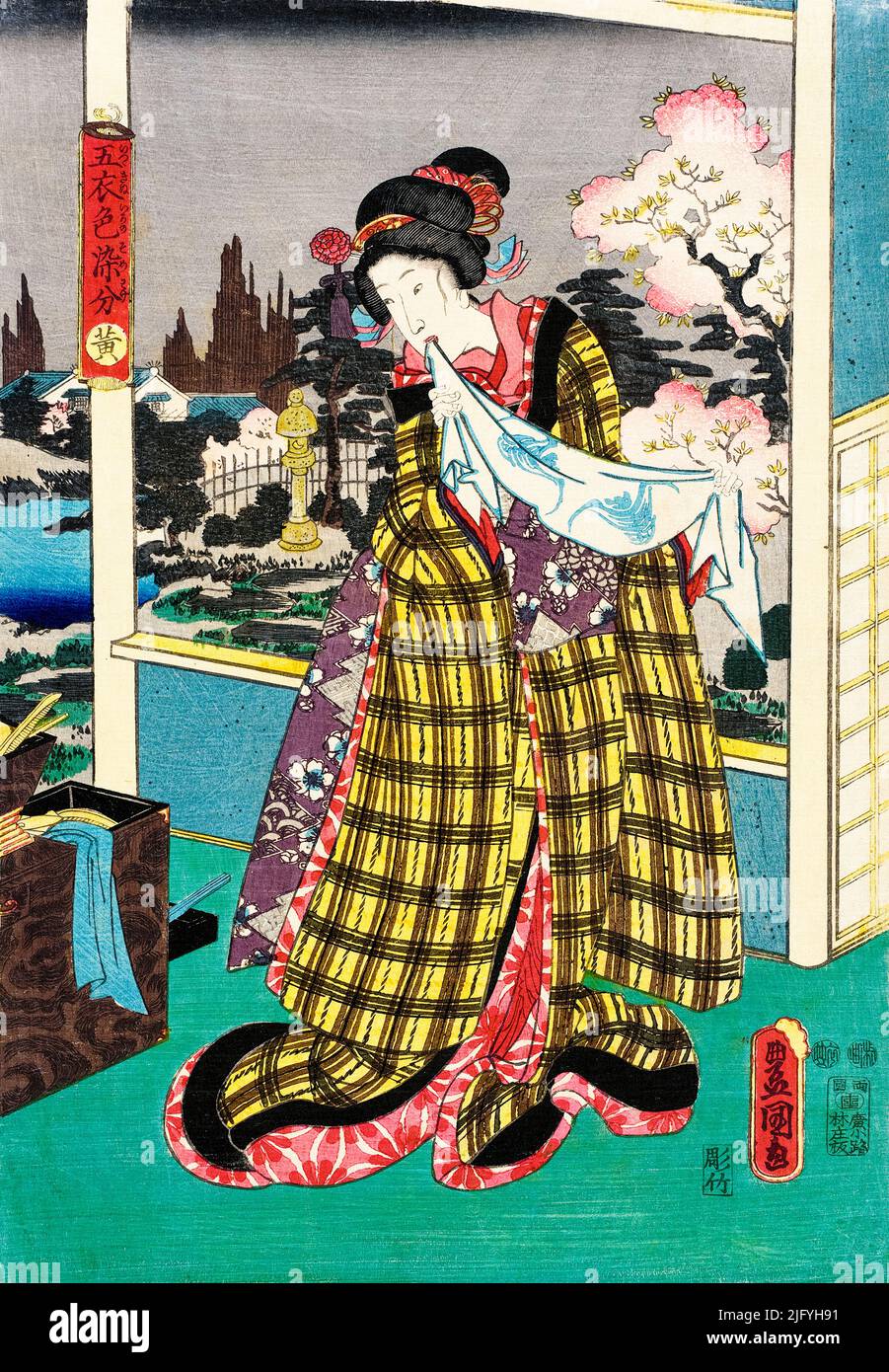 Utagawa Kunisada, Gelb, Japanischer Holzschnitt-Druck in Polychromie, 1847-1852 Stockfoto