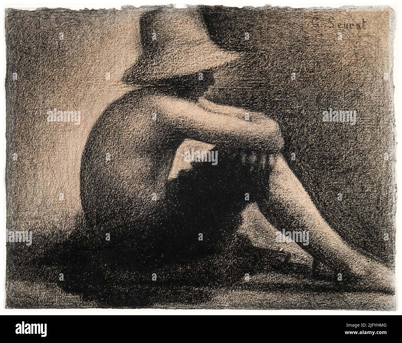 Sitzender Junge mit Strohhut, Studie für Badegästen in Asnières, Zeichnung in schwarzem Conte-Kreide auf Michallet-Papier von Georges Seurat, 1883-1884 Stockfoto