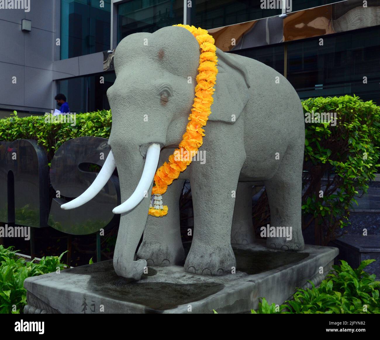 Eine Person verlässt ein Bürogebäude in Bangkok, Thailand, Asien. Am Eingang steht eine Steinstatue eines Elefanten mit einem Blumenring um den Hals. Im Buddhismus, der führenden Religion Thailands, werden Elefanten als Hüter von Buddha, der Erde und ihren Tempeln gesehen. Ihre körperliche Stärke steht für mentale Stärke und Verantwortung. Stockfoto