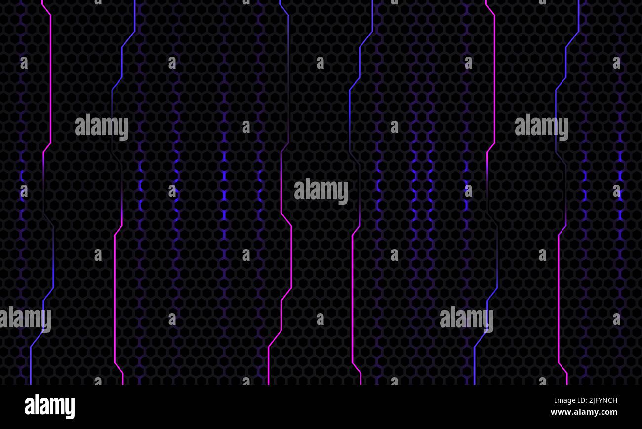 Abstrakter dunkelgrauer Carbon-Gaming-Technologie-Hintergrund mit violetten und blauen Blitzen und technologischen Formen. Vektorgrafik Stock Vektor